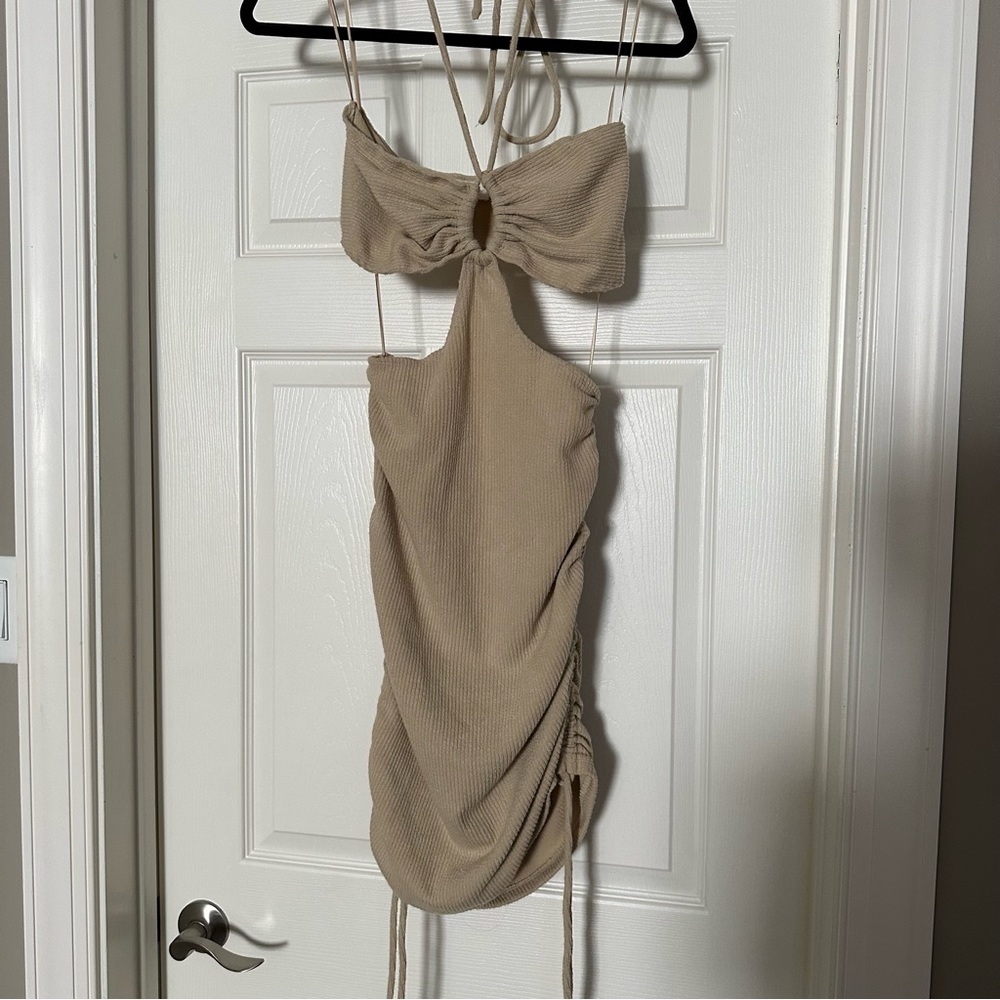 Tan halter cut out multi way ruched side dress mini or midi